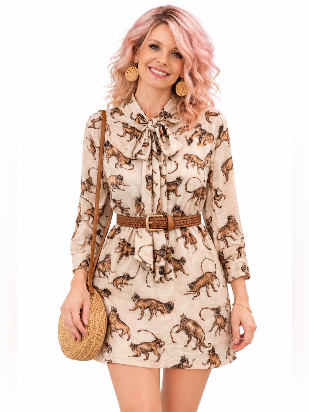 H&M Monkey Print Tie Neck Tunic Dress Beige Brown Novelty Animal Viscose Size 8